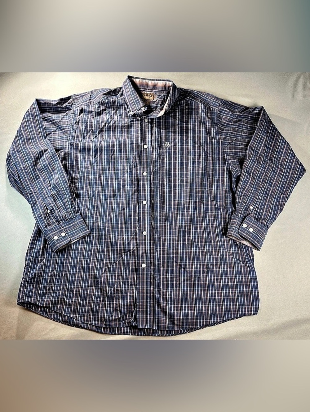 ARIAT Wrinkle Free Plaid Button Down Shirt XL Blue Orange Cowboy Western